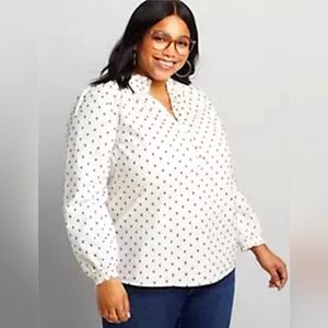 NEW Lane Bryant Printed Shirred Blouse 18-20 White with black dots. Adorable!